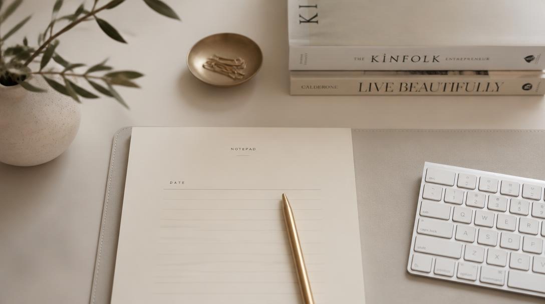 Minimalist executive desk with notepad and brass pen, representing the CEO's strategic workspace.
