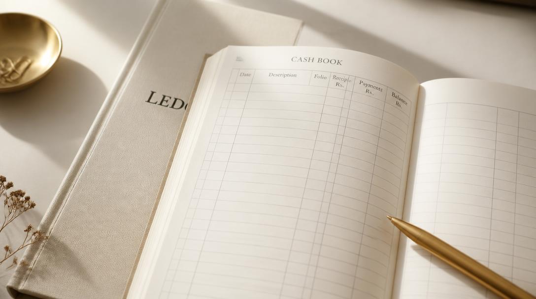 Premium ledger and stationery on a desk, representing the CFO's financial governance work.