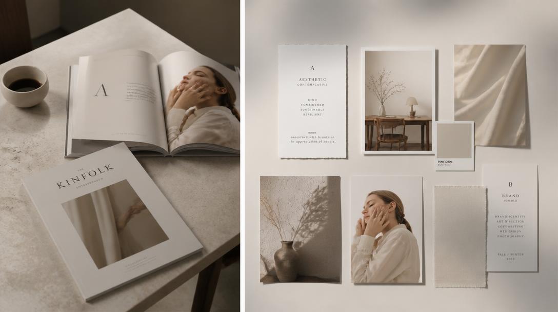 Creative brand studio with editorial magazine spreads and mood boards, representing the CMO's brand work.