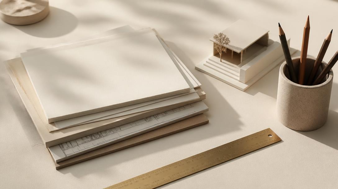 Organized operations workspace with documents, architectural model, and brass tools, representing the startup operating infrastructure.